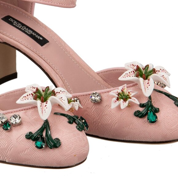 Dolce & Gabbana - Crystal Lily Brooch Brocade Ankle Strap Pumps VALLY Pink EUR 3 - Picture 3 of 5